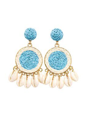 Tigerstars Bold Blue Woven Raffia Disc Shell Charm Drop Statement Earrings
